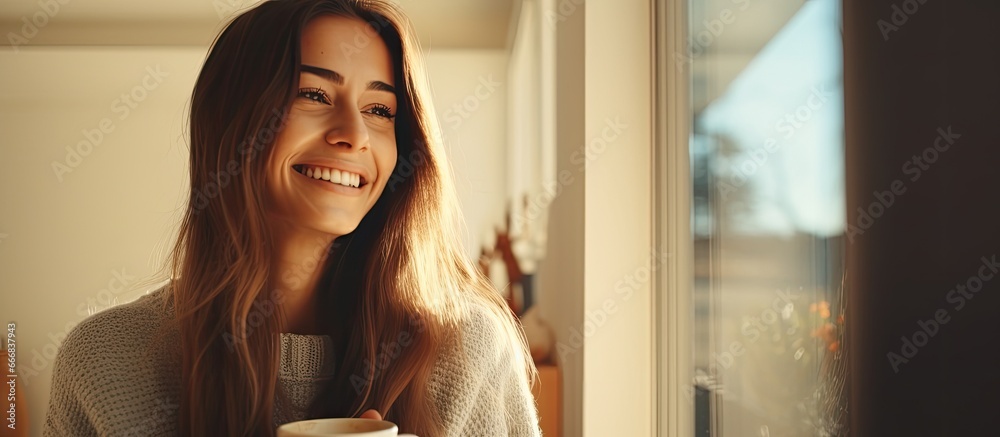 Happy woman drinking coffee at home wearing glasses and a sweater laughing in autumn