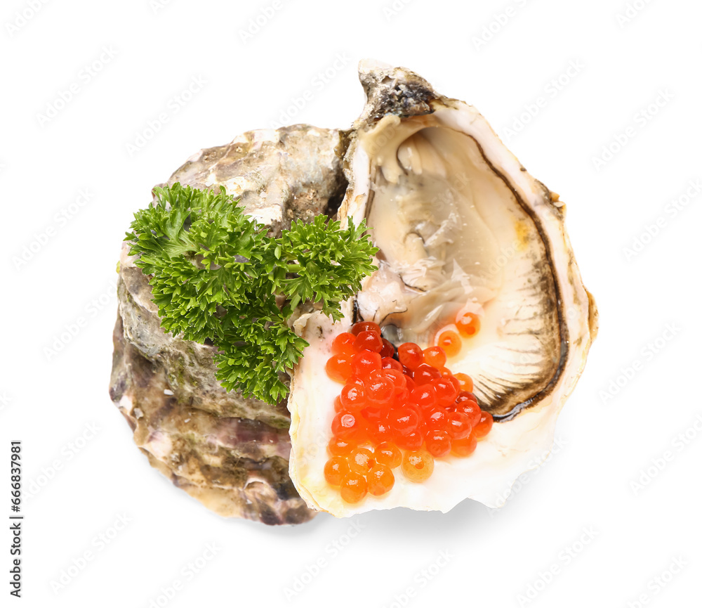 Tasty oysters with red caviar on white background