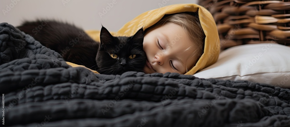 Cozy autumn morning concept with a black cat sleeping on a warm bed alongside funny kitty and home slippers