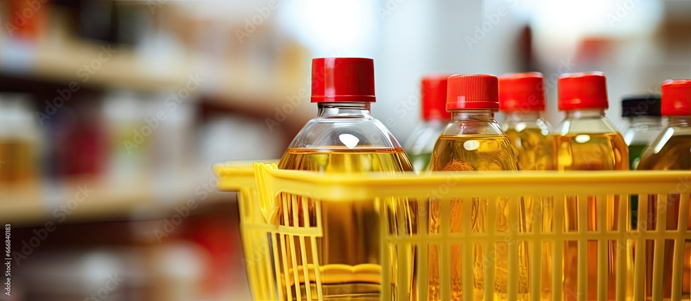 Selective focus image of vegetable oil in a red shopping basket among other baskets with shallow depth