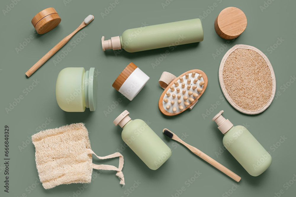 Composition with different bath supplies and cosmetic products on green background