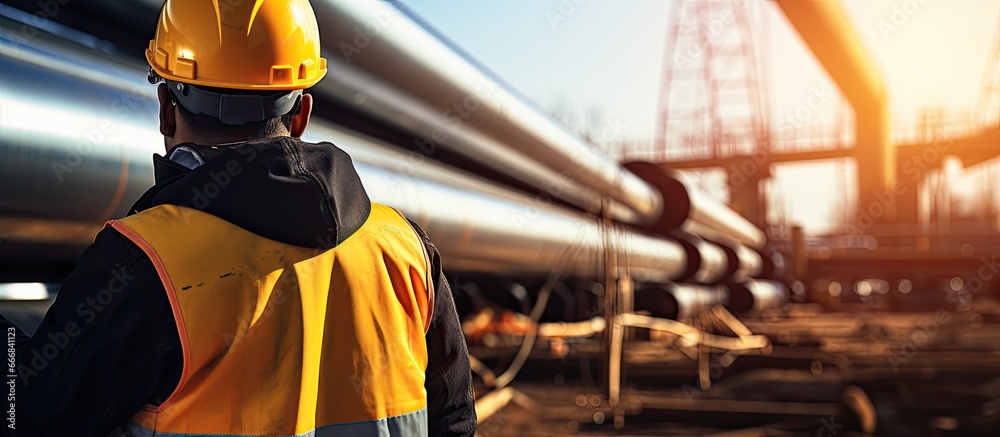 Worker using crane to remove pipe cover at construction or chemical site