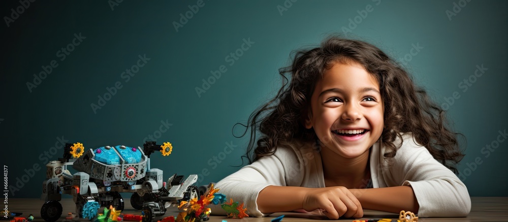 Cute young girl happily building a robot enjoying her hobby of constructing and learning through technology With copyspace for text