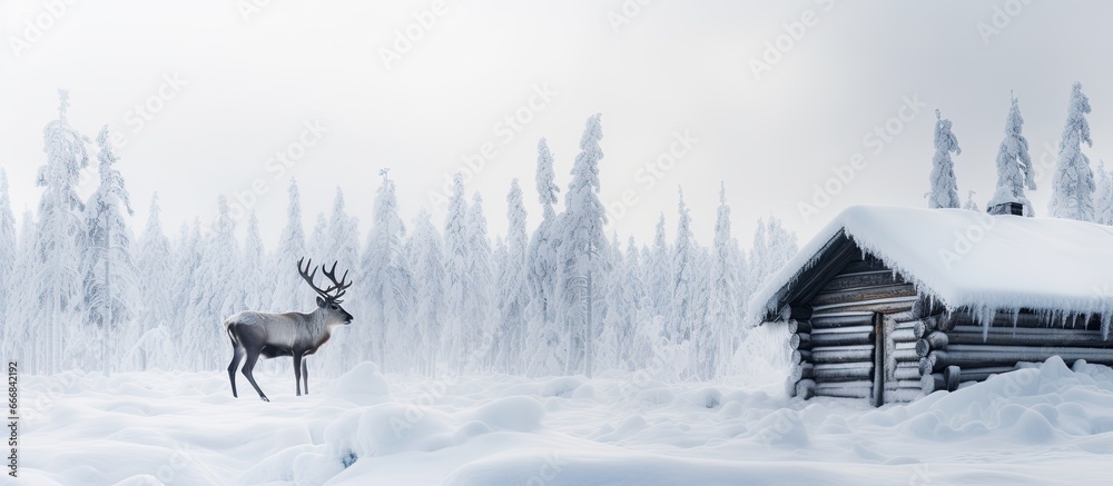 Finnish Lapland winter scenery with reindeer and log cabin