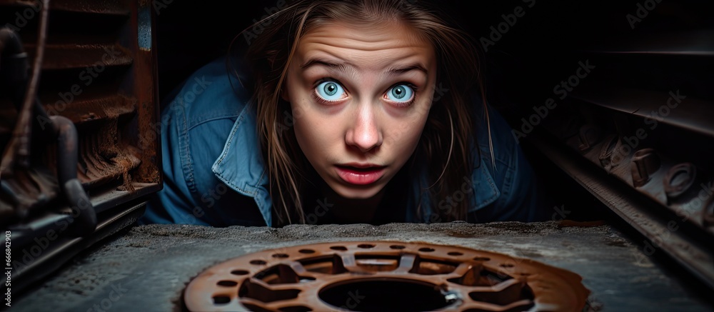 Female plumber inspects open residential sewer manhole