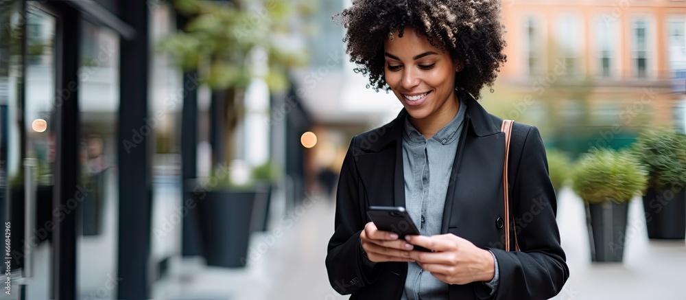 Happy middle aged professional woman dressed in black and carrying a briefcase uses a smartphone while walking near a business center