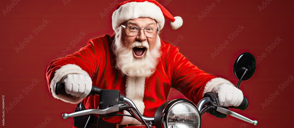 A happy and colorful Santa with a beard and a cap is depicted sitting on a motorcycle using his phone to share good news against a bright red background