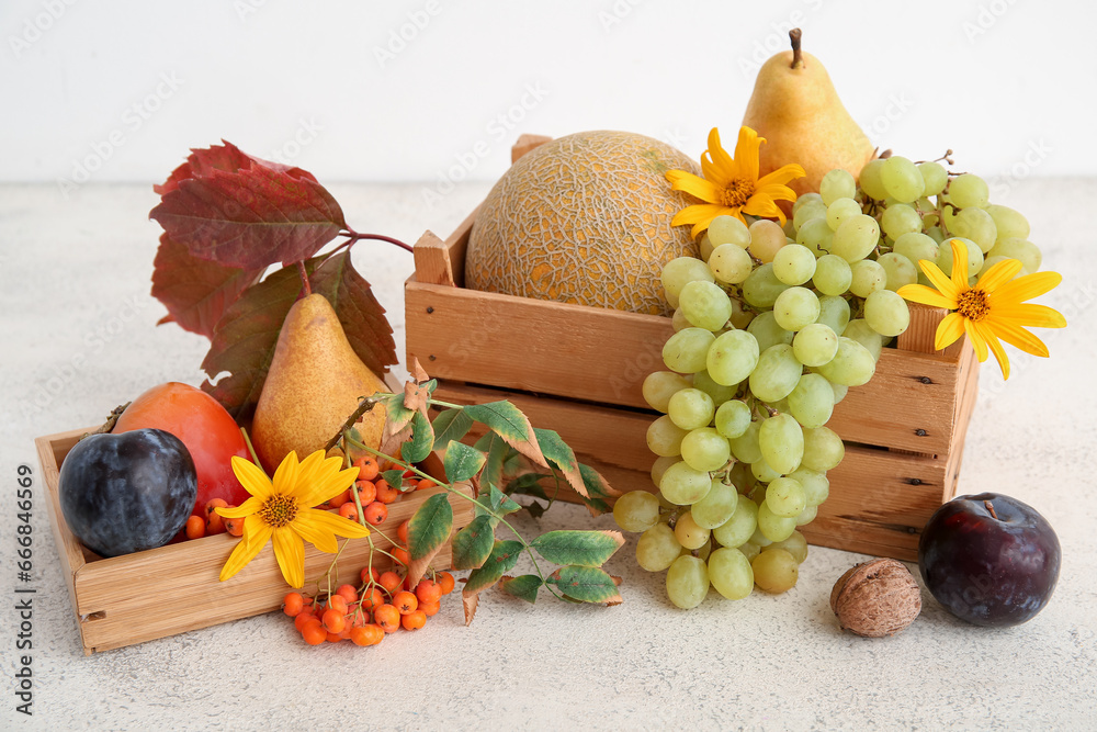 Wooden boxes with different fresh fruits on white background