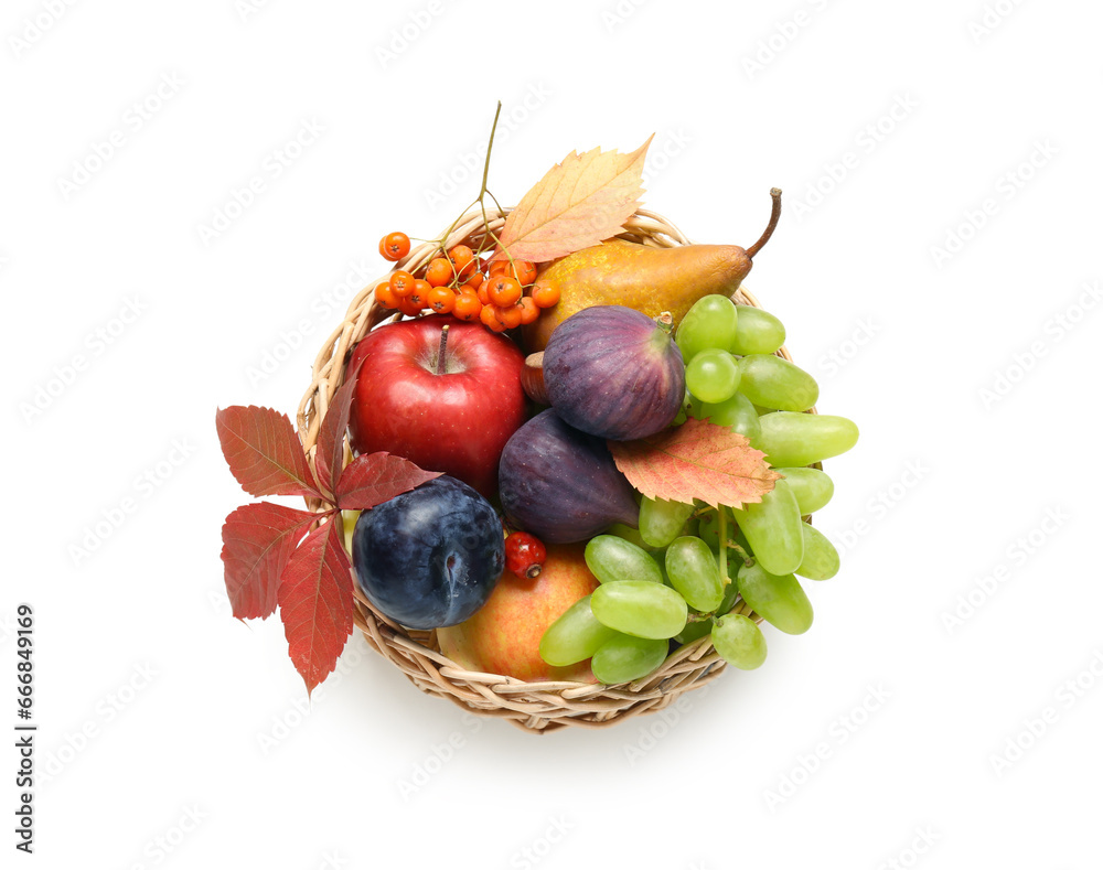 Wicker basket with different fresh fruits on white background