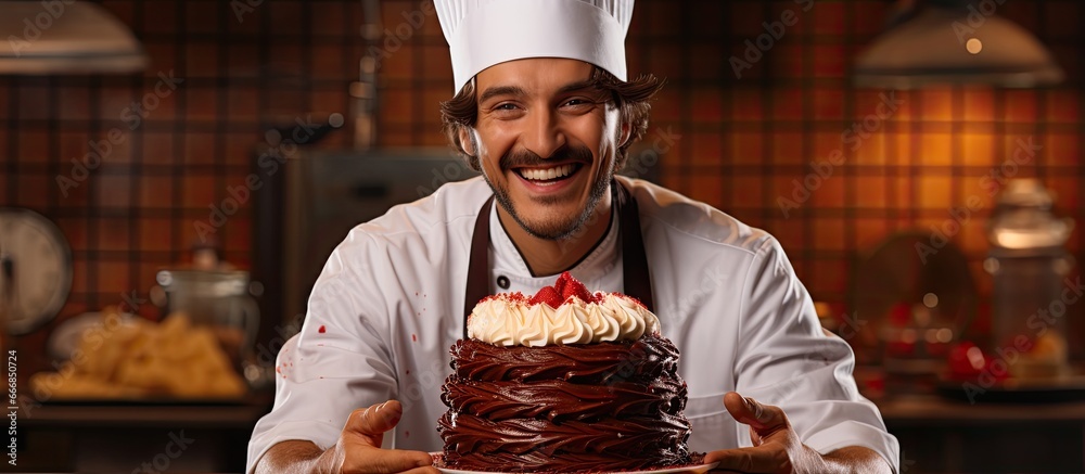 A Brazilian man is happily preparing a sweet dessert with cream