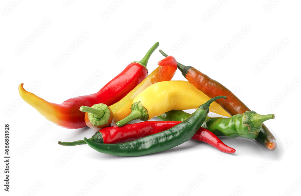 Colorful chili and bell peppers on white background.