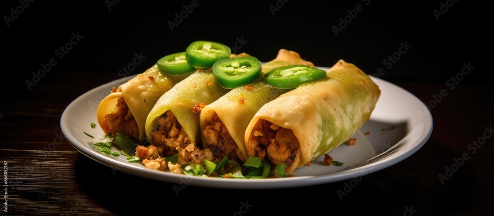 Crispy deep fried Filipino egg roll with ground pork and stuffed green chili pepper