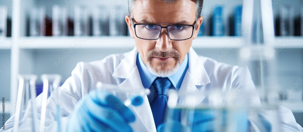 Scientific researcher or doctor examining a test tube in a lab