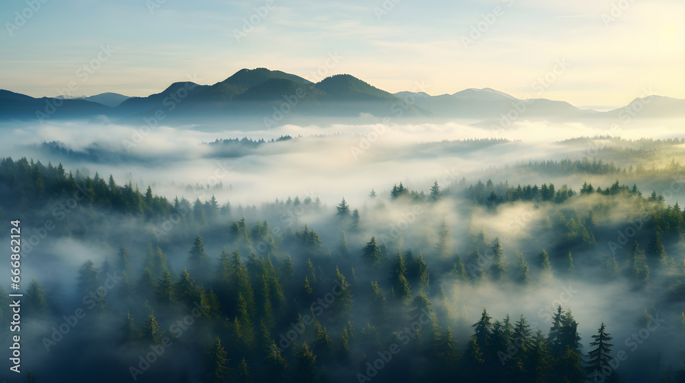 misty landscape with fir forest morning in the mountains vintage retro 