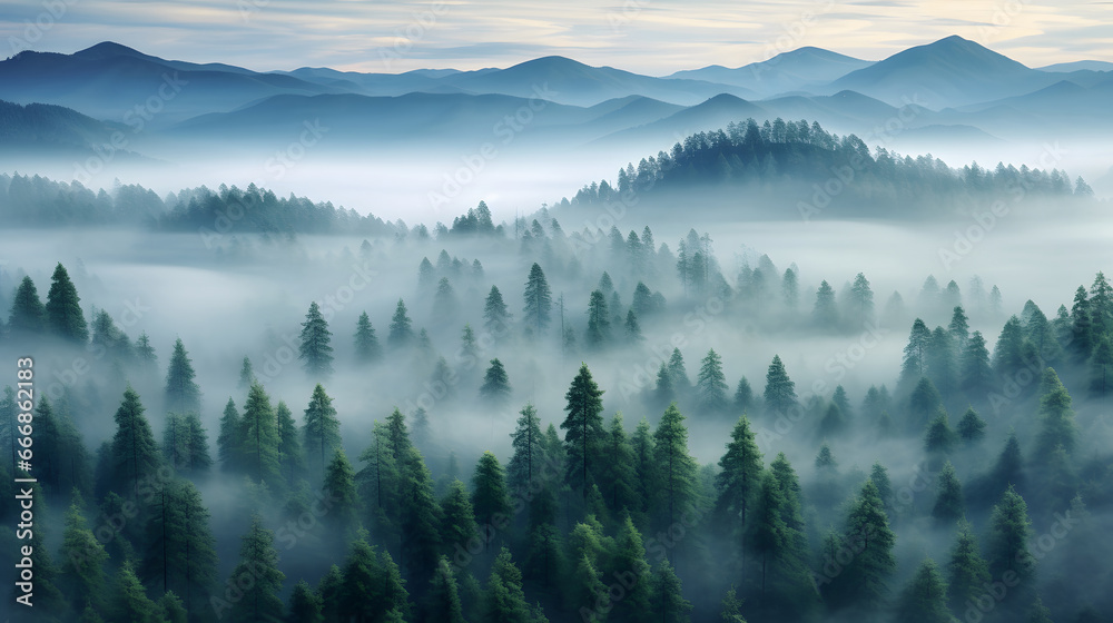 misty landscape with fir forest morning in the mountains vintage retro 