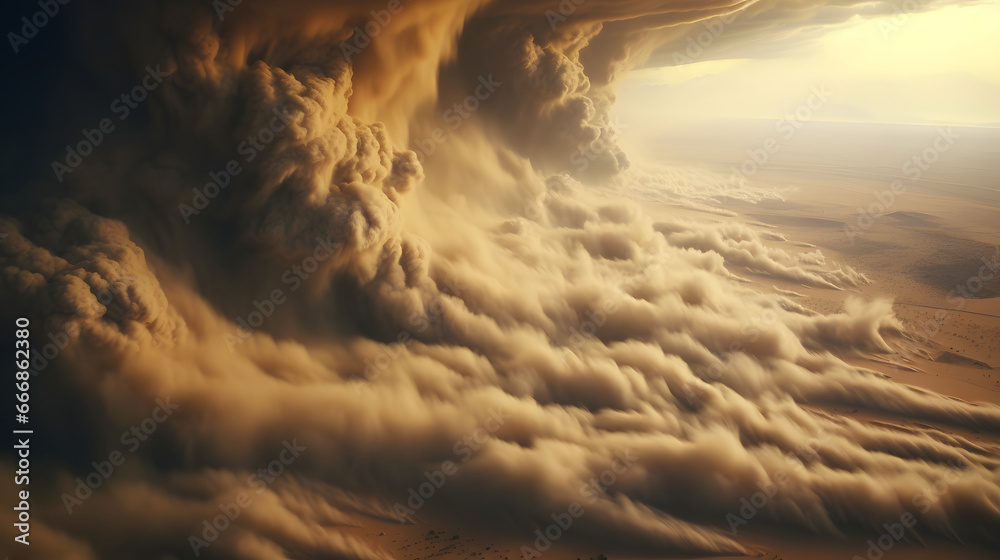 A large storm formed, light brown desert dunes and turbulent sandstorm clouds forming at the horizon,extreme weather events. 