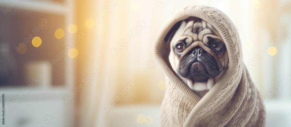 Cozy pug in winter attire at home signifying heating season