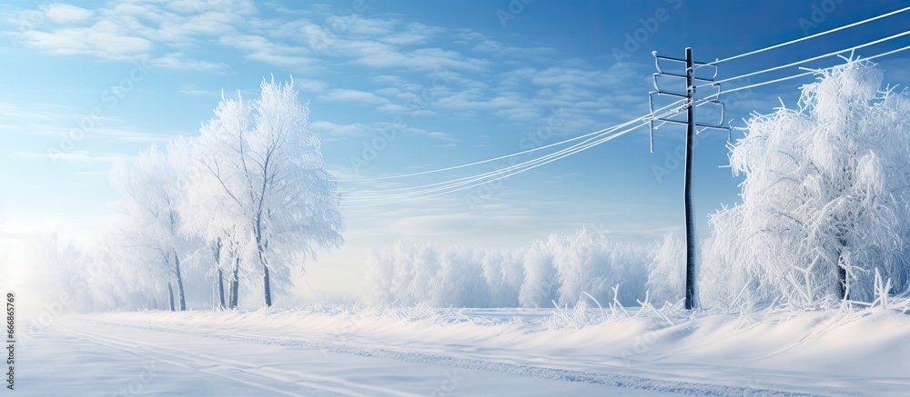 Frost coats high voltage wires and poles on a wintry day