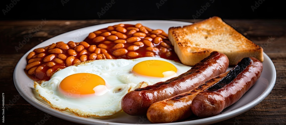 Bacon sausage fried egg baked beans breakfast