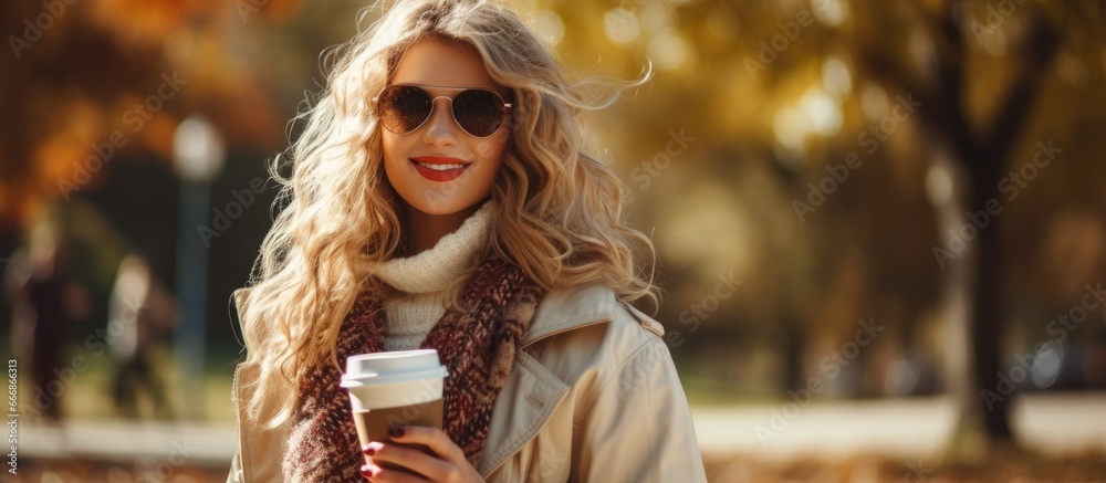 Stylish young lady enjoying autumn park with coffee checkered coat sunglasses and a happy vibe