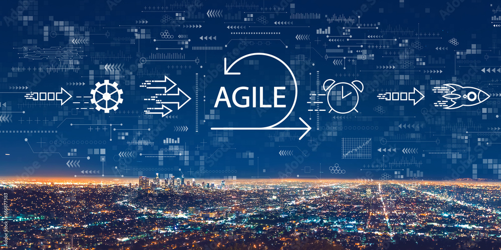 Agile concept with downtown Los Angeles at night