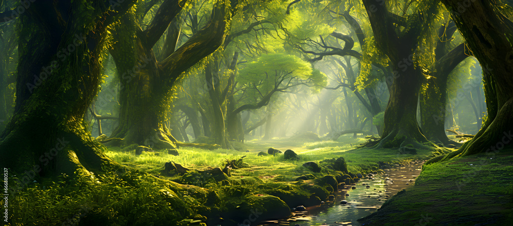 the ancient forest , A beautiful fairytale enchanted forest with big trees and great vegetation.   mystical woodland, winding pathway through a forest	