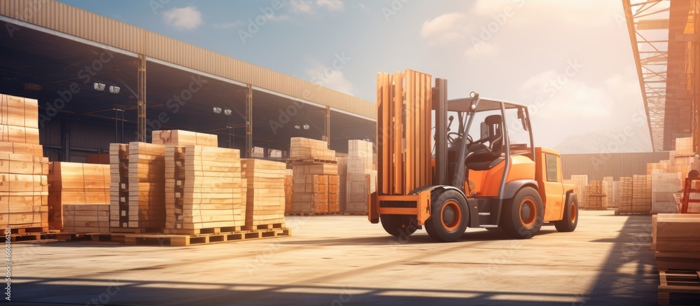 Warehouse transporting goods using forklifts and trucks