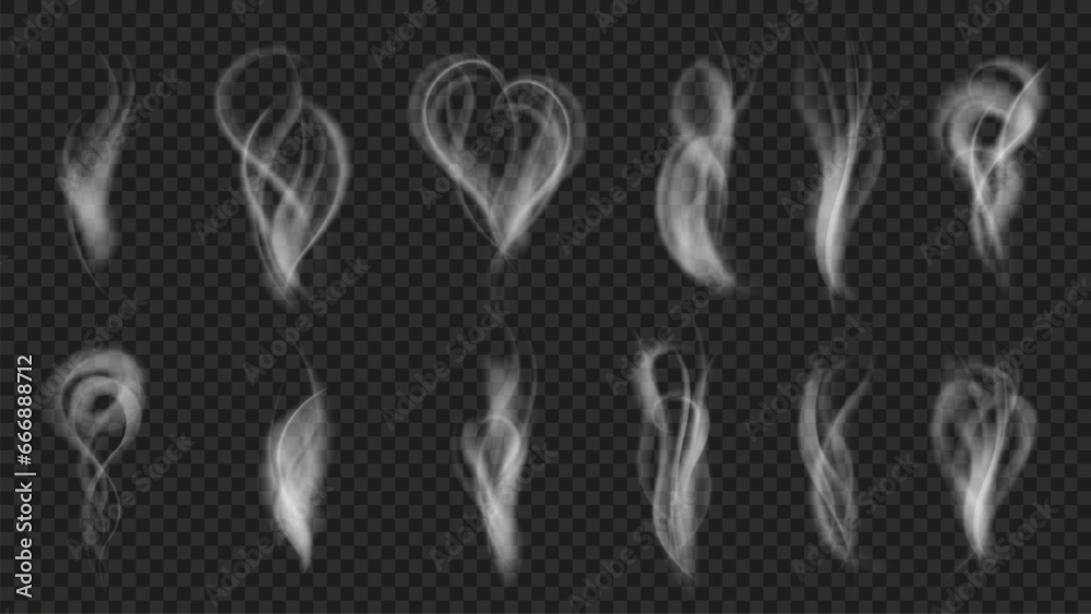 Realistic smoke. Hookah or cigarette smoke waves, hot tea or coffee vapor and steam flow effect vector overlay set