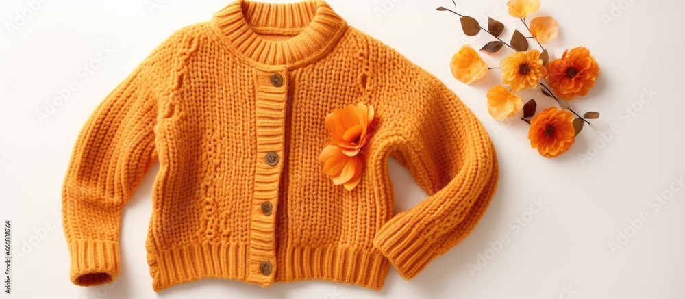 Top view of a female fashion look with a trendy cozy knit jumper and autumn accessories set on a white background