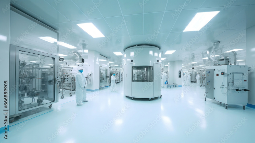 Interior of Pharmaceautical clean room, industrial design for large scale chemical production in controlled sterile conditions.