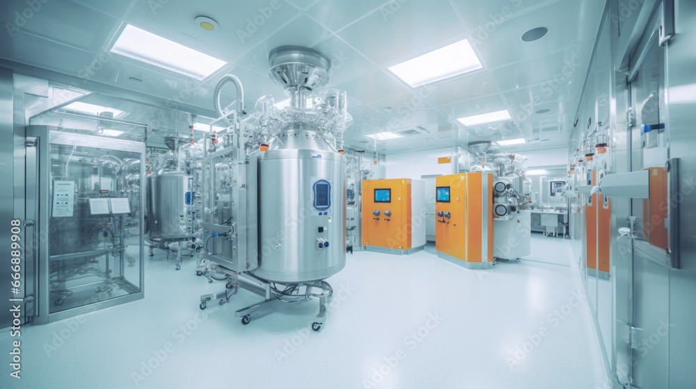 Interior of Pharmaceautical clean room, industrial design for large scale chemical production in controlled sterile conditions.