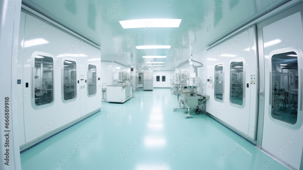 Interior of Pharmaceautical clean room, industrial design for large scale chemical production in controlled sterile conditions.