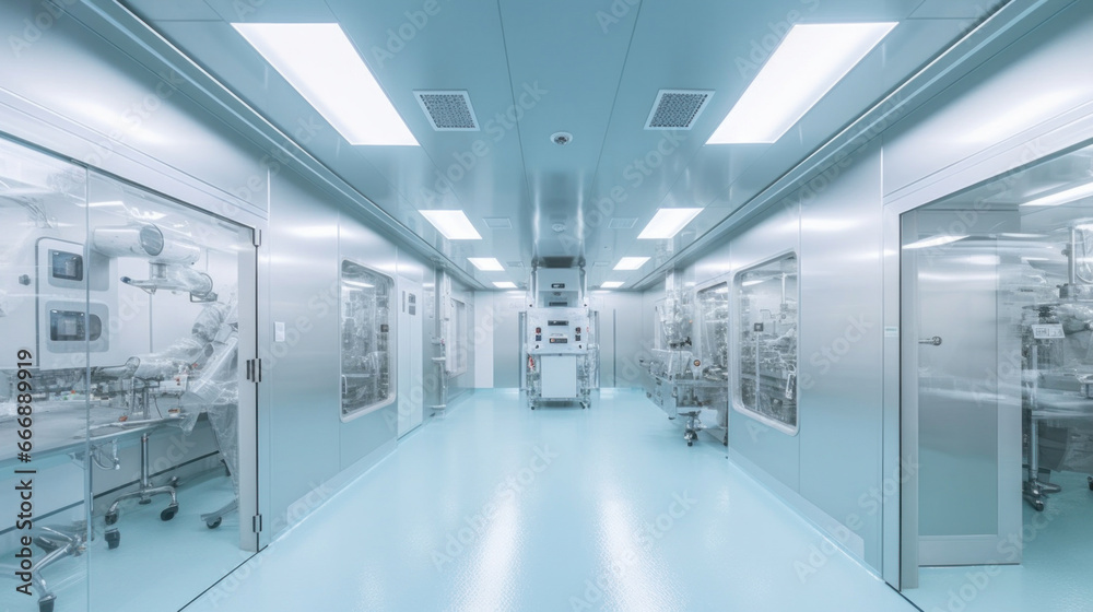 Interior of Pharmaceautical clean room, industrial design for large scale chemical production in controlled sterile conditions.