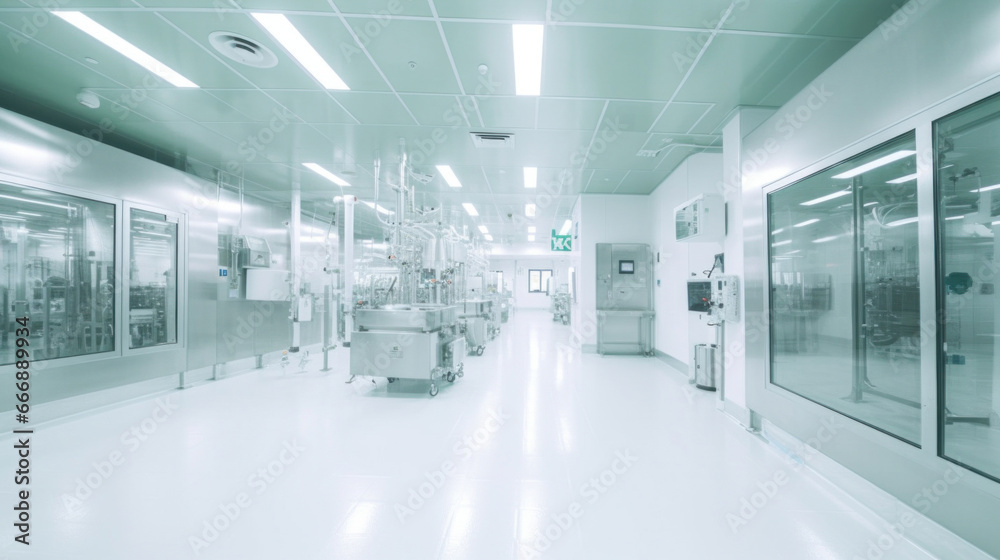 Interior of Pharmaceautical clean room, industrial design for large scale chemical production in controlled sterile conditions.