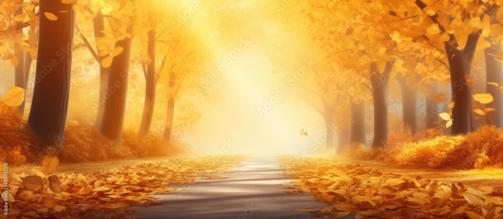 Vibrant autumn forest yellow leaves scatter on road Artificial Intelligence digital art