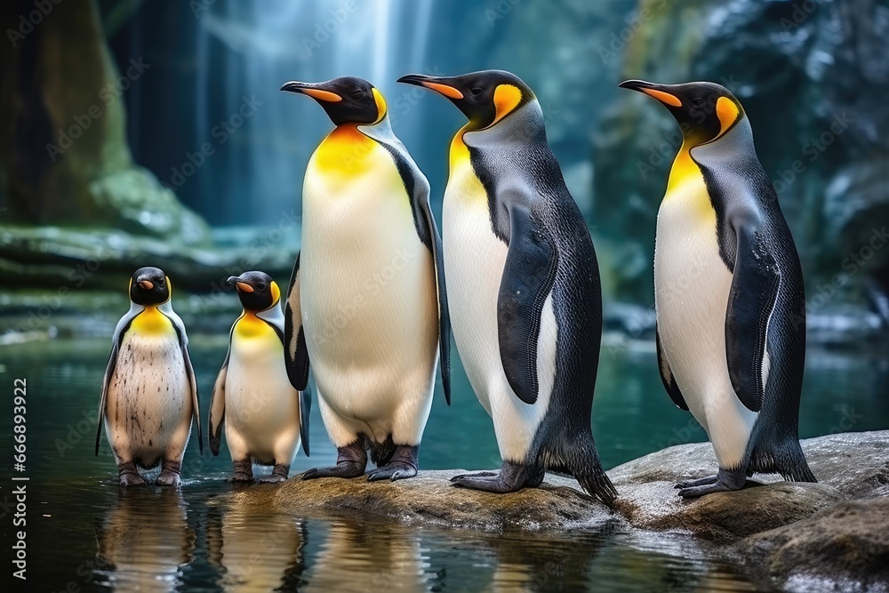 Group of king penguins on the rock in the zoo, Thailand, Group of king penguins in the zoo. Wildlife scene from nature, AI Generated