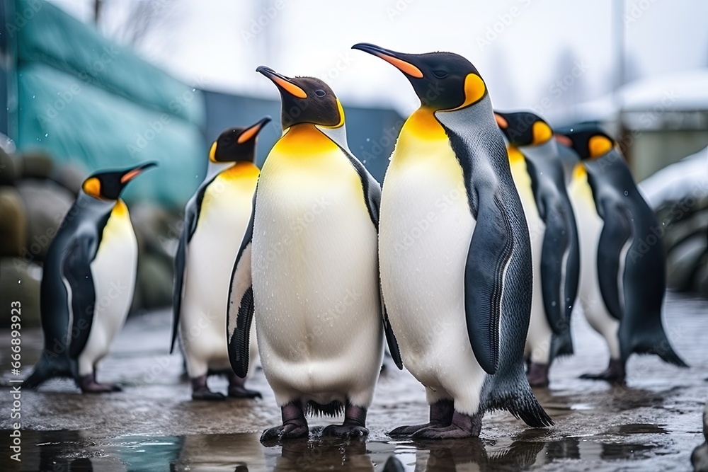 Group of king penguins in the zoo. King penguin Aptenodytes patagonicus, Group of king penguins in the zoo. Wildlife scene from nature, AI Generated