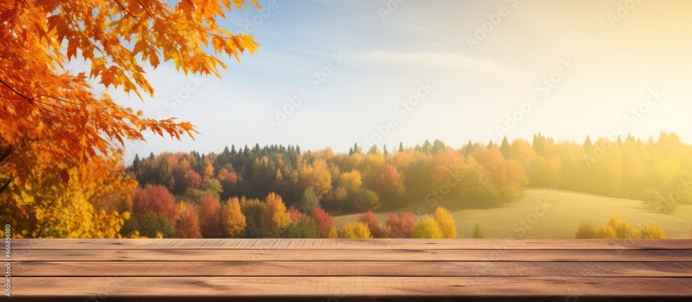 Autumn landscape with fall leaves and space for advertising featuring a wooden table