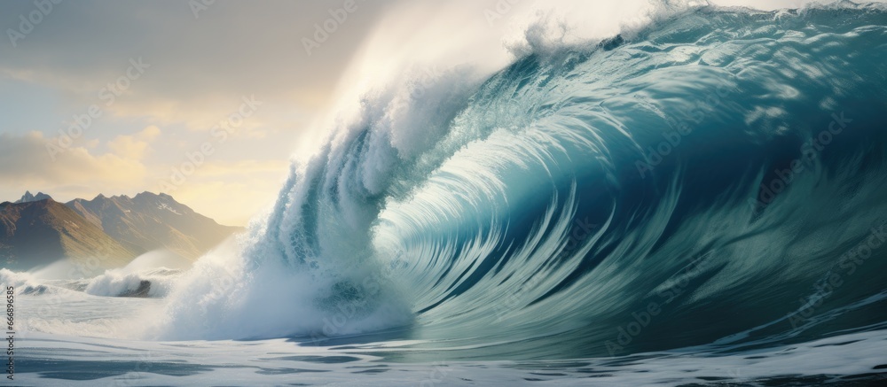 Giant tsunami crashing on deserted beach