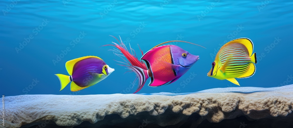 Cleaning Station at Molokini Crater in Hawaii with Unicorn surgeon fish ornate butterfly fish and rainbow cleaner wrasse