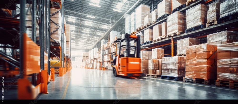 Blurred forklift and worker in a logistic center s warehouse interior