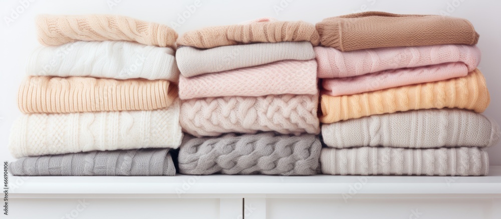 Assorted cozy pastel sweaters with various knitting patterns piled on table White wall background Fall winter knitwear