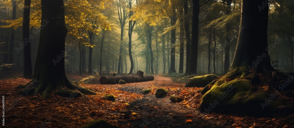 Dark autumn forest surroundings