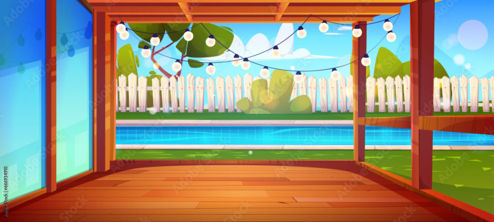 House porch and swimming pool in backyard. Vector cartoon illustration of summer villa glass door on wooden patio, poolside garden with green trees and lawn, white fence, garland lights, sunny day