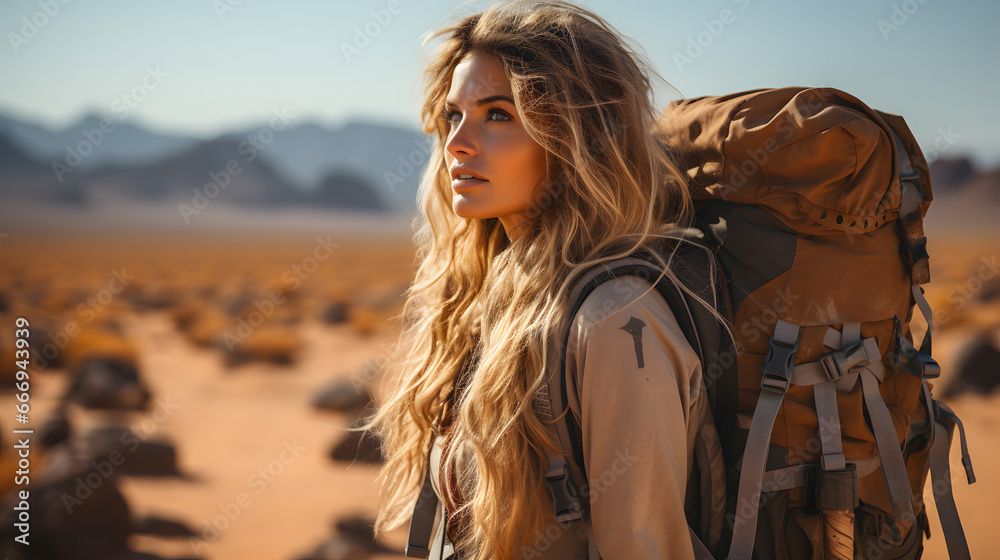 Young girl exploring the desert, Young beautiful woman backpacker traveling in the desert, hiking woman walking on desert trail