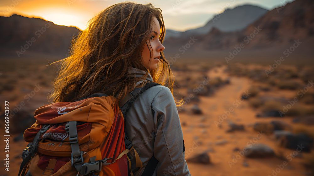 Young girl exploring the desert, Young beautiful woman backpacker traveling in the desert, hiking woman walking on desert trail