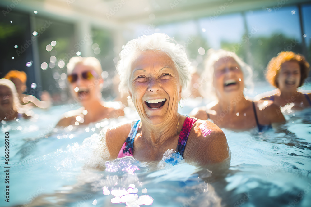 happy senior women enjoying aqua fitness class in a pool, displaying joy and camaraderie, embodying a healthy, retired lifestyle