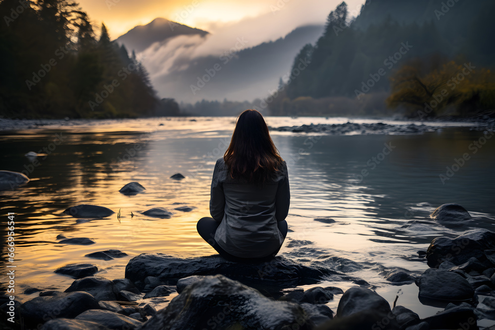 young girl practicing meditation and yoga, mindfulness and meditation in a peaceful natural environment