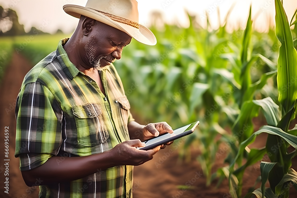 A modern farmer in a corn field using a digital tablet to review harvest and crop performance, ESG concept and application of technology in contemporary agriculture practices