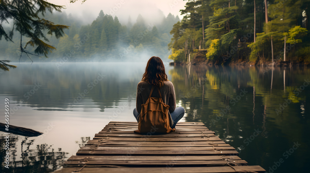 young woman practicing meditation and yoga, mindfulness and meditation in a peaceful natural environment